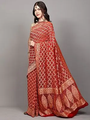 Tango-Red Georgette Bandhani Saree with Zari Woven Floral-Paisley jaal from Gujarat