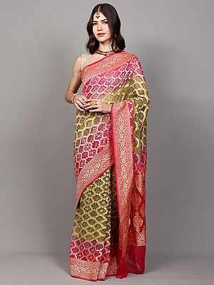 Dual-Shaded Georgette Bandhani Saree with Zari Woven Floral Jaal from Gujarat