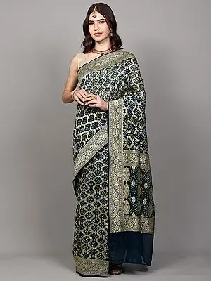 Legion-Blue Georgette Bandhani Saree with All-Over Zari Weave from Gujarat