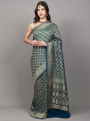 Moroccan-Blue Georgette Bandhej Saree with Zari Woven Paisley Jaal from Gujarat