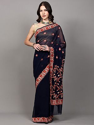 Patriot-Blue Georgette Saree with Multicolor Aari Embroidered Floral Motifs from Kashmir