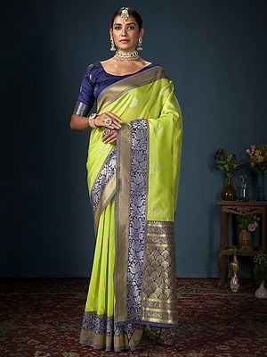 Avocado-Green Banarasi Art Silk Woven Work Floral Border Traditional Saree With Attractive Tassels Pallu