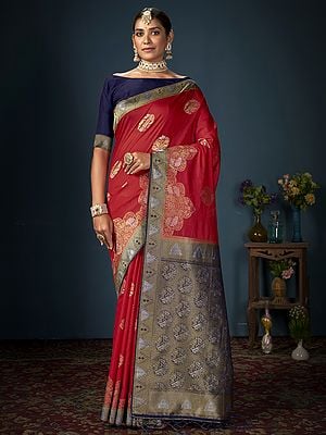 Fire-Engine-Red Woven Work Floral Festival Wear Banarasi Art Silk Saree With Tassels Pallu