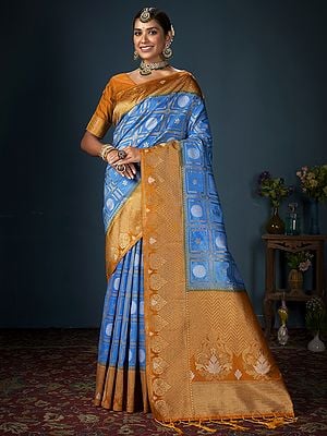 French-Blue Banarasi Art Silk Woven Work Broad Border Festival Wear Saree With Tassels Pallu