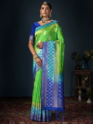 Vibrant-Green Woven Work Broad Border Banarasi Art Silk Saree With Tassels Pallu