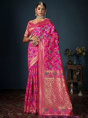 Dark-Hot-Pink Banarasi Art Silk Woven Work Floral Saree With Attractive Tassels Pallu