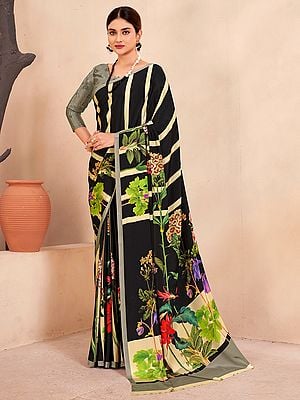 Crepe Soft Silk Flower And Leaf Digital Print Multicolor Party Wear Saree