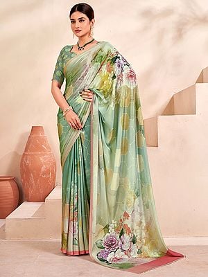 Crepe Soft Silk Digital Print Party Wear Multicolor Saree With Floral Pallu