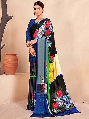 Multicolor Crepe Soft Silk Digital Print Festival Wear Saree With Floral Pallu