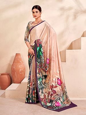 Rose-Gold Digital Print Designer Festival Wear Crepe Soft Silk Saree With Blouse