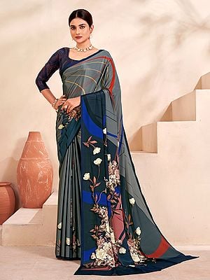 Medium-Grey Flower And Leaf Digital Print Party Wear Crepe Soft Silk Saree