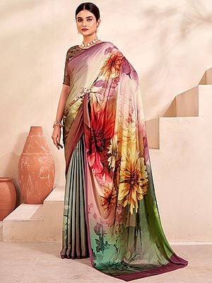 Crepe Soft Silk Floral Digital Print Designer Festival Wear Saree With Blouse