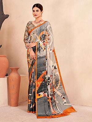 Abstract Digital Print Designer Crepe Soft Silk Party Wear Saree With Blouse