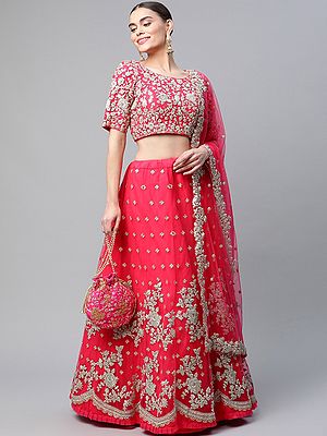 Net Zari And Thread Floral Embroidered Work Lehenga Choli With Matching Dupatta