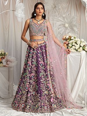 Poly Georgette Floral Thread Embroidery Work Lehenga Choli With Net Dupatta