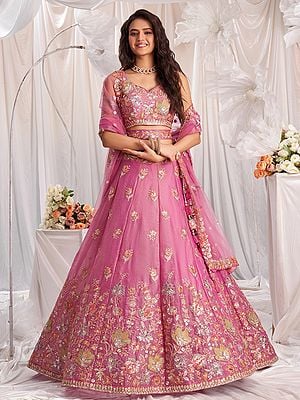 Organza Thread Floral Embroidery Work Lehenga Choli With Net Tassels Dupatta