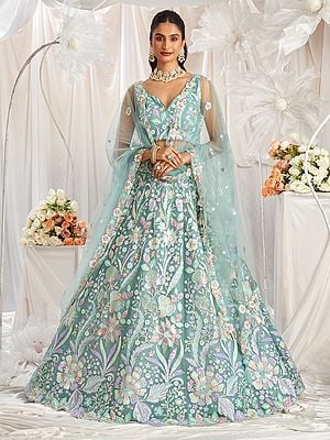 Net Thread Floral Embroidery Work Designer Party Wear Lehenga Choli With Dupatta