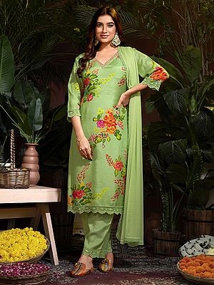 Pistachio Floral Digital Print and Daman Embroidery Lace Work Pure Muslin Salwar Suit with Dupatta