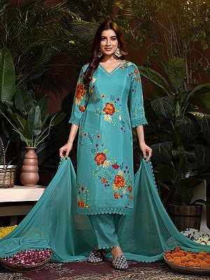 Light-Sea-Green Pure Muslin Floral Digital Print And Daman Embroidery Lace Work Salwar Suit With Matching Dupatta