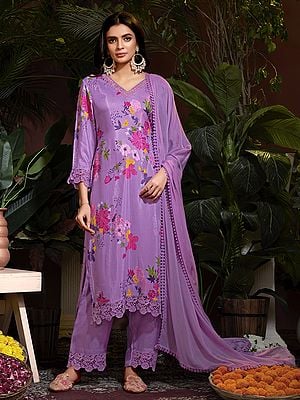 Soft-Purple Daman Embroidery and Floral Digital Print Lace Work Festival Wear Pure Muslin Salwar Suit with Dupatta