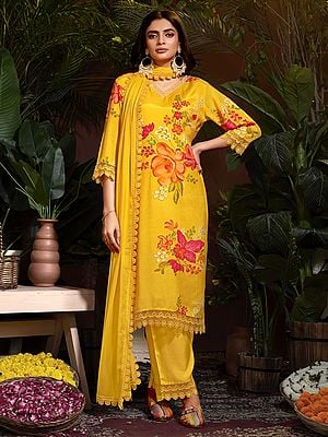 Yellow-Orange Pure Muslin Floral Digital Print and Daman Embroidery Lace Work Designer Party Wear Salwar Suit with Dupatta