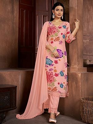 Rose-Bud Digital Print And Daman Embroidery Lace Work Floral Festival Wear Pure Muslin Salwar Suit With Dupatta