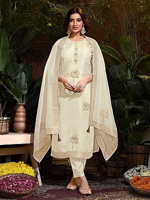 Ecru-White Natural Viscose Jacquard Butti Festival Wear Salwar Suit with Tassels Dupatta