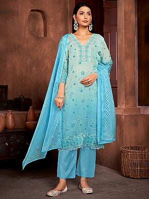 Blue-Hosta Pure Organza Digital Print & Sequins Embroidery Party Wear Salwar Suit With Dupatta