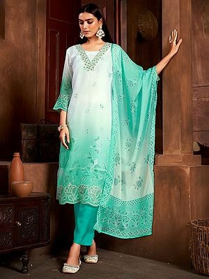 Seafoam-Blue Sequins Embroidery & Floral Digital Print Pure Organza Salwar Suit With Dupatta