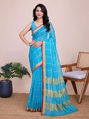 Kota Doria Soft Silk Weaving Work Checked Pattern Designer Saree With Blouse For Festival Occasion