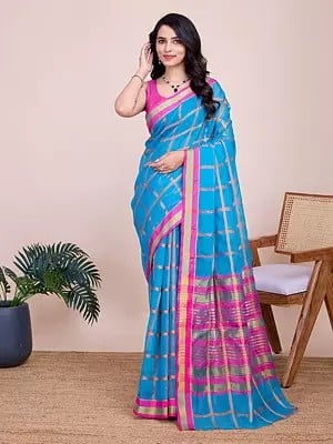 Woven Checked Party Wear Kota Doria Soft Silk Saree For Festival Occasion