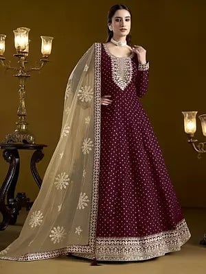 Chanderi Butti Designer Anarkali Style Gown with Sequins Work Net Dupatta