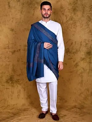 Baleine-Blue Pure Pashmina Men's Plain Shawl with Sozni Embroidered Border