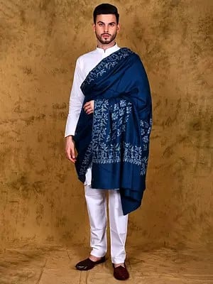 Navy-Peony Men's Pure Pashmina Shawl with Fine Floral Sozni Embroidery on Border