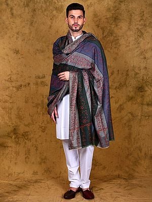 Pure Pashmina Roman Striped Handloom Shawl for Men with Floral Vines Embroidery