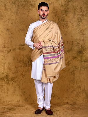 Honey-Peach Pure Pashmina Shawl for Men's with Striped and Floral Vines Embroidered Border