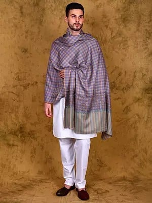 Multicolor Checkered Pattern Pure Pashmina Shawl for Men with Sozni Embroidered Palla