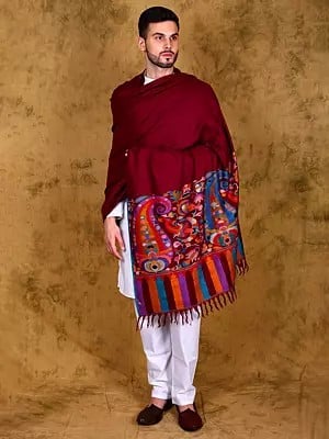 Haute-Red Pure Pashmina Men's Shawl with Kani Woven Border with Paisleys and Flowers