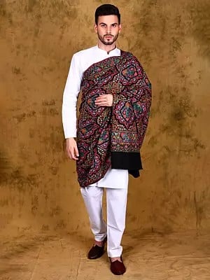 Pirate-Black Pure Pashmina Vintage Look Men's Shawl with All Over Intricate Multicolor Cotton Thread Embroidered Flower Pots