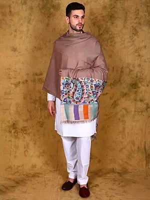 Ginger-Snap Pure Pashmina Kani Shawl for Men's with Woven Paisleys and Flowers on Border