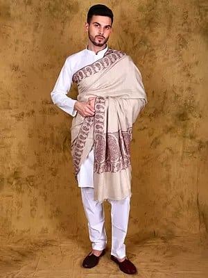 Whitecap-Gray Pure Pashmina Shawl for Men with Embroidered Paisleys on Border