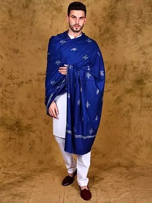 Dazzling-Blue Pure Pashmina Shawl for Men's with Sozni All-Over Embroidered Floral Bootis