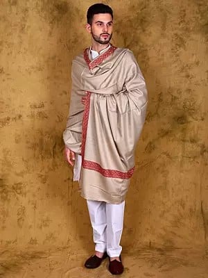 Oyster-Gray Pure Pashmina Plain Shawl for Men's with Floral Sozni Embroidery on Border