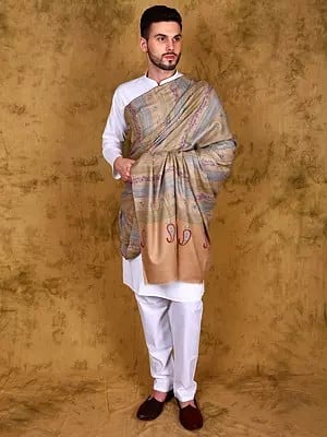 Ivory-Cream Pure Pashmina Stripes Woven Shawl for Men with Floral Vines Embroidery