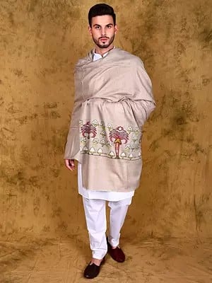 Sheer-Bliss Pure Pashmina Plain Shawl for Men with Woven Tree on Border