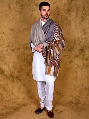 Reversible Pure Pashmina Men's Shawl with Heritage Paisleys Motifs Kani Border