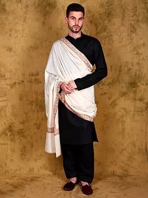 Cannoli-Cream Pure Pashmina Men's Shawl with Sozni Embroidered Border