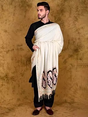 Ivory Pure Pashmina Shawl for Men with Paisleys Motifs Sozni Embroidered Border