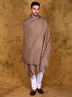 Savannah-Tan Kullu Palla Men's Handspun Dushala Shawl (Lohi) with Kinnauri Woven Border