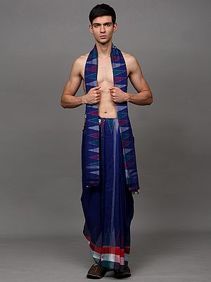 Dhoti and Angavastram Set with Woven Temple Border in Multicolor from Sambalpur